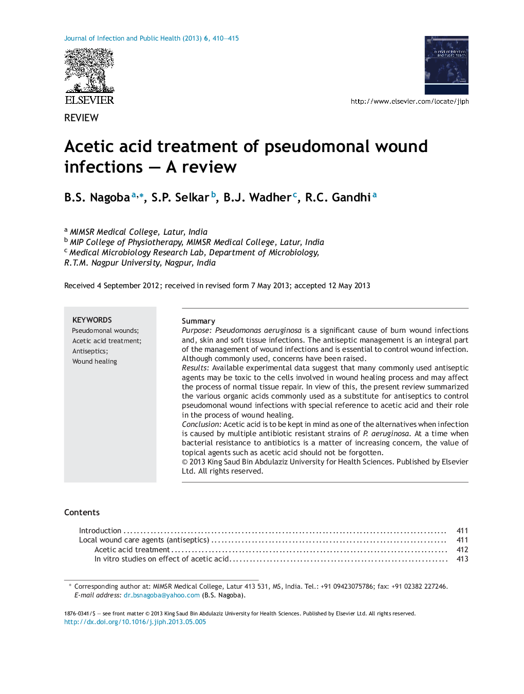 Acetic acid treatment of pseudomonal wound infections – A review