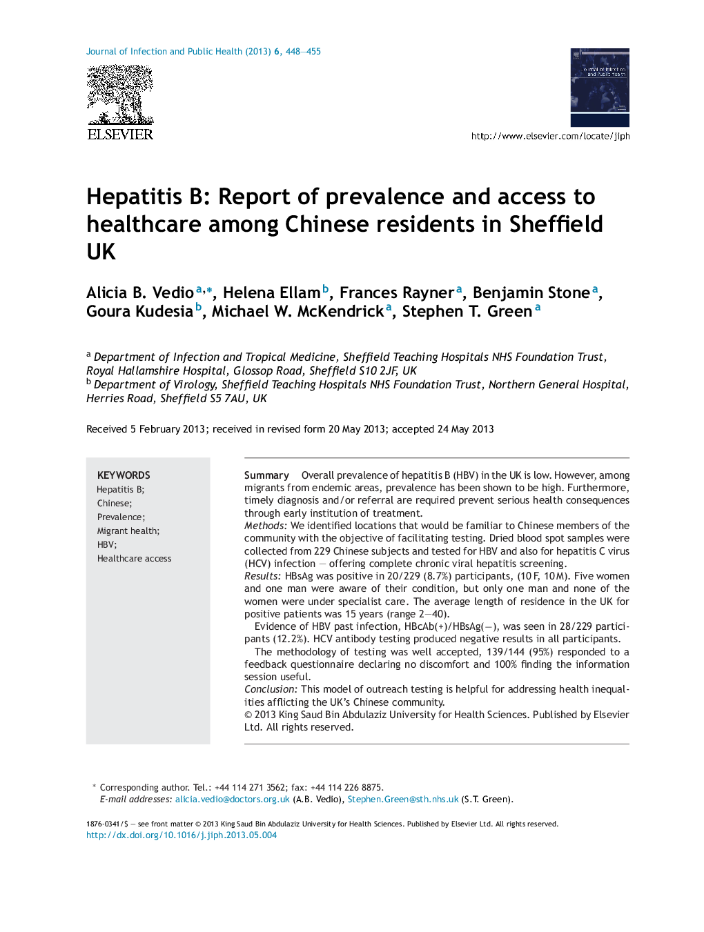 Hepatitis B: Report of prevalence and access to healthcare among Chinese residents in Sheffield UK