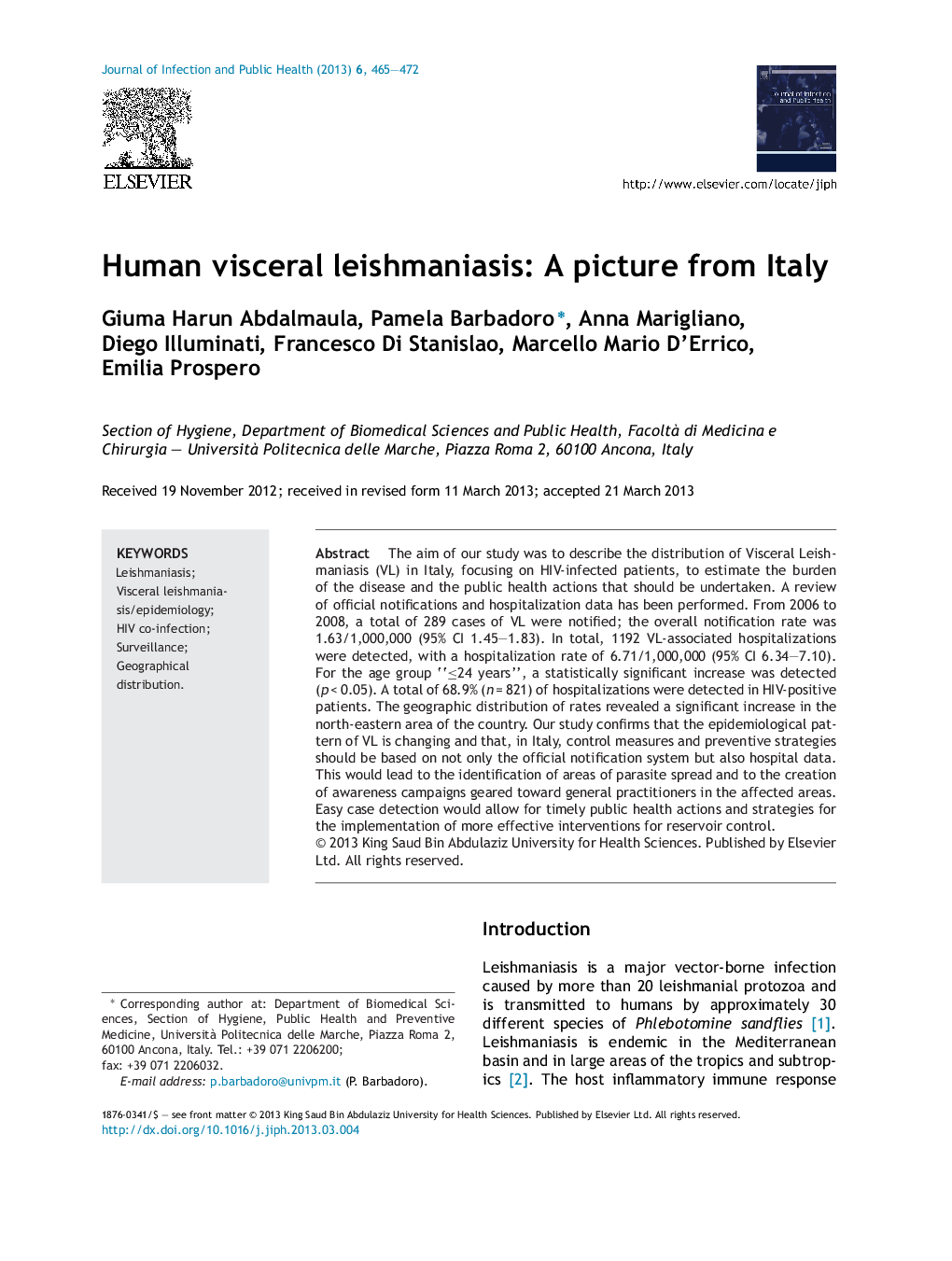 Human visceral leishmaniasis: A picture from Italy