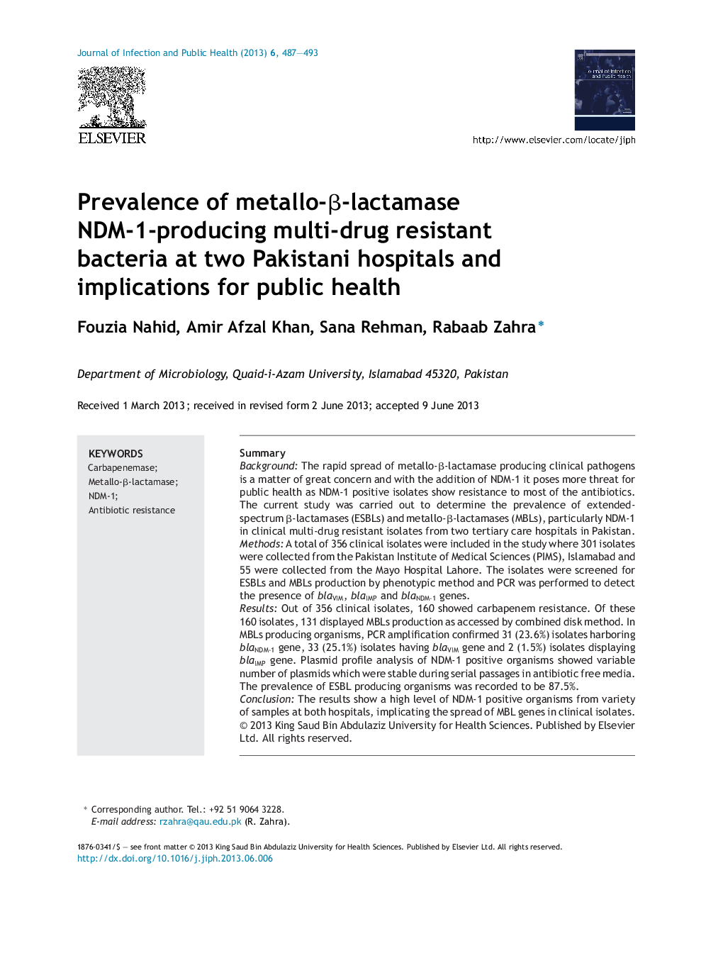 Prevalence of metallo-β-lactamase NDM-1-producing multi-drug resistant bacteria at two Pakistani hospitals and implications for public health