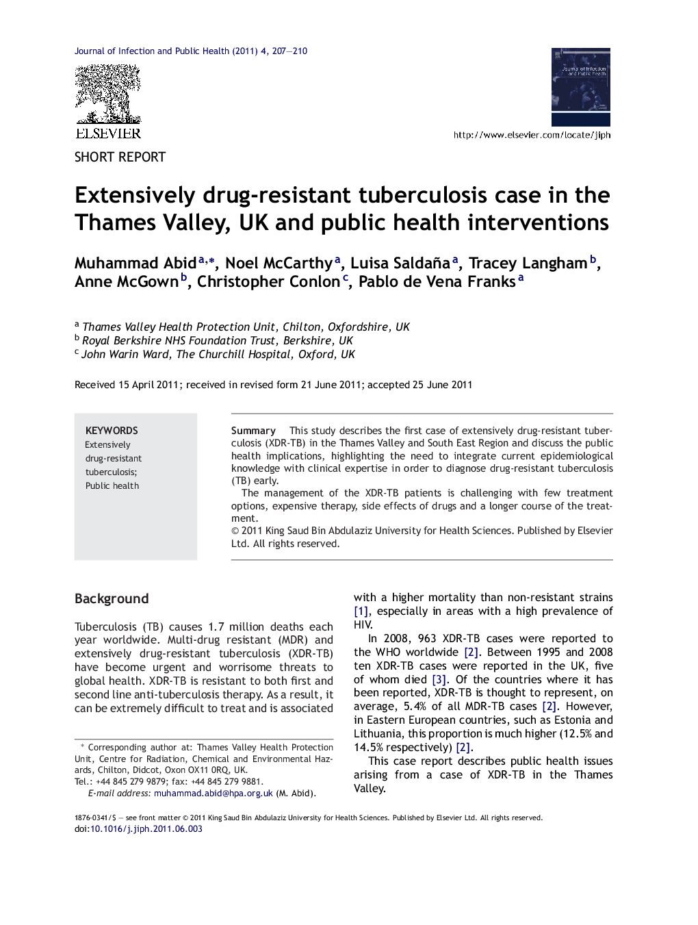 Extensively drug-resistant tuberculosis case in the Thames Valley, UK and public health interventions