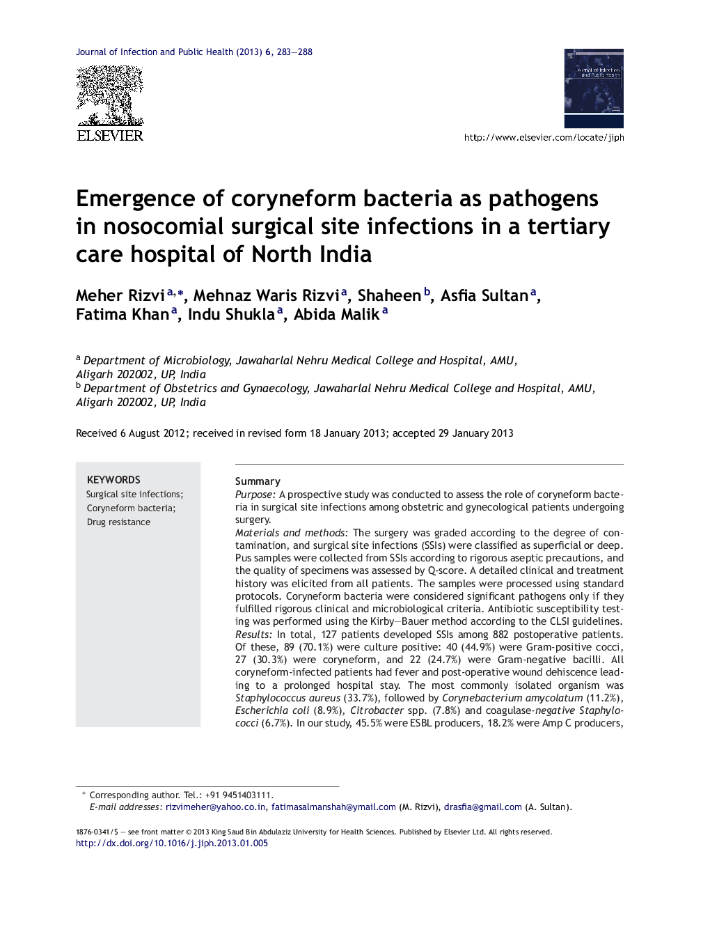 Emergence of coryneform bacteria as pathogens in nosocomial surgical site infections in a tertiary care hospital of North India