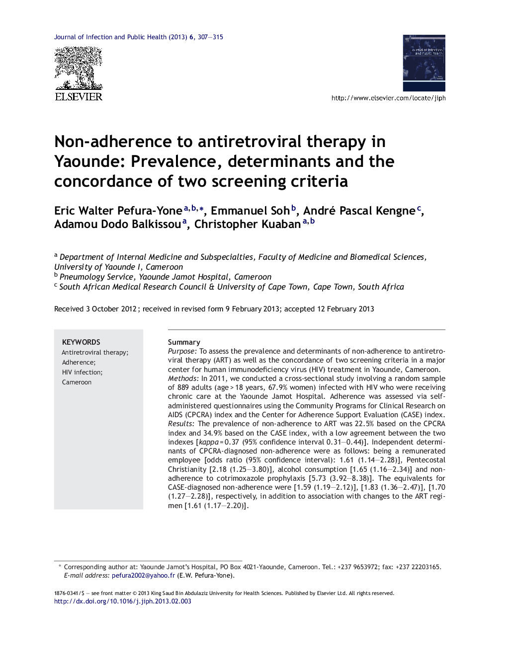 Non-adherence to antiretroviral therapy in Yaounde: Prevalence, determinants and the concordance of two screening criteria