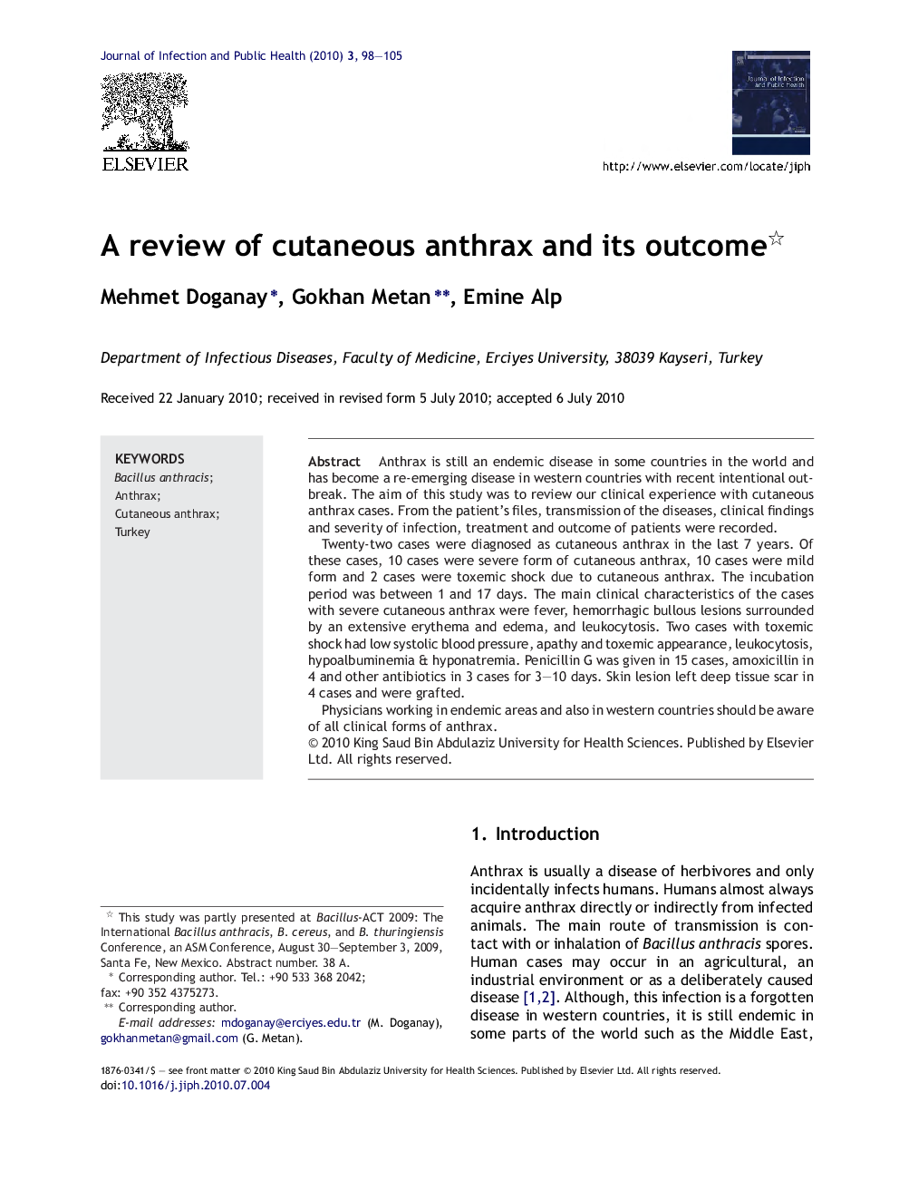 A review of cutaneous anthrax and its outcome 