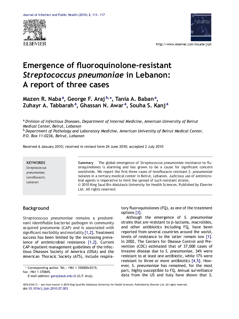 Emergence of fluoroquinolone-resistant Streptococcus pneumoniae in Lebanon: A report of three cases