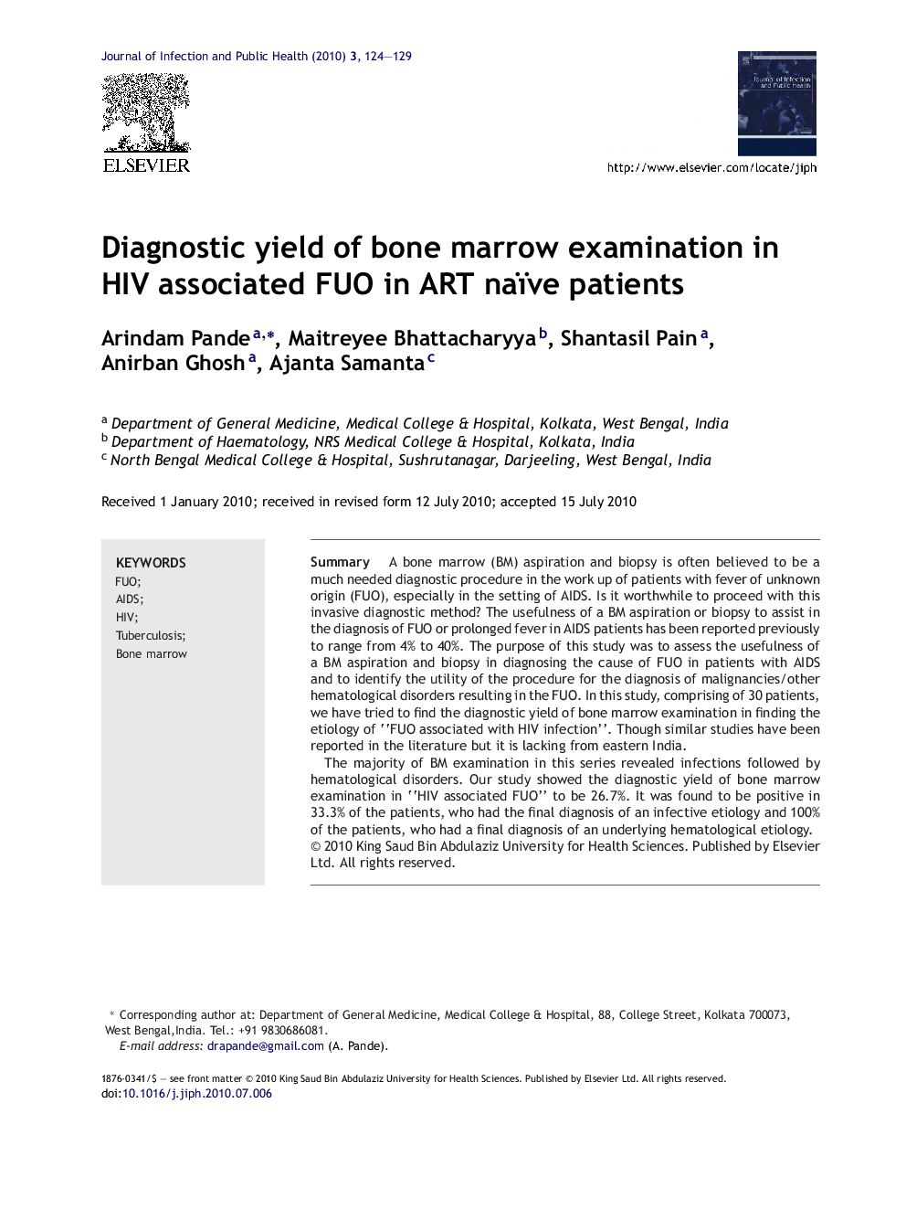 Diagnostic yield of bone marrow examination in HIV associated FUO in ART naïve patients