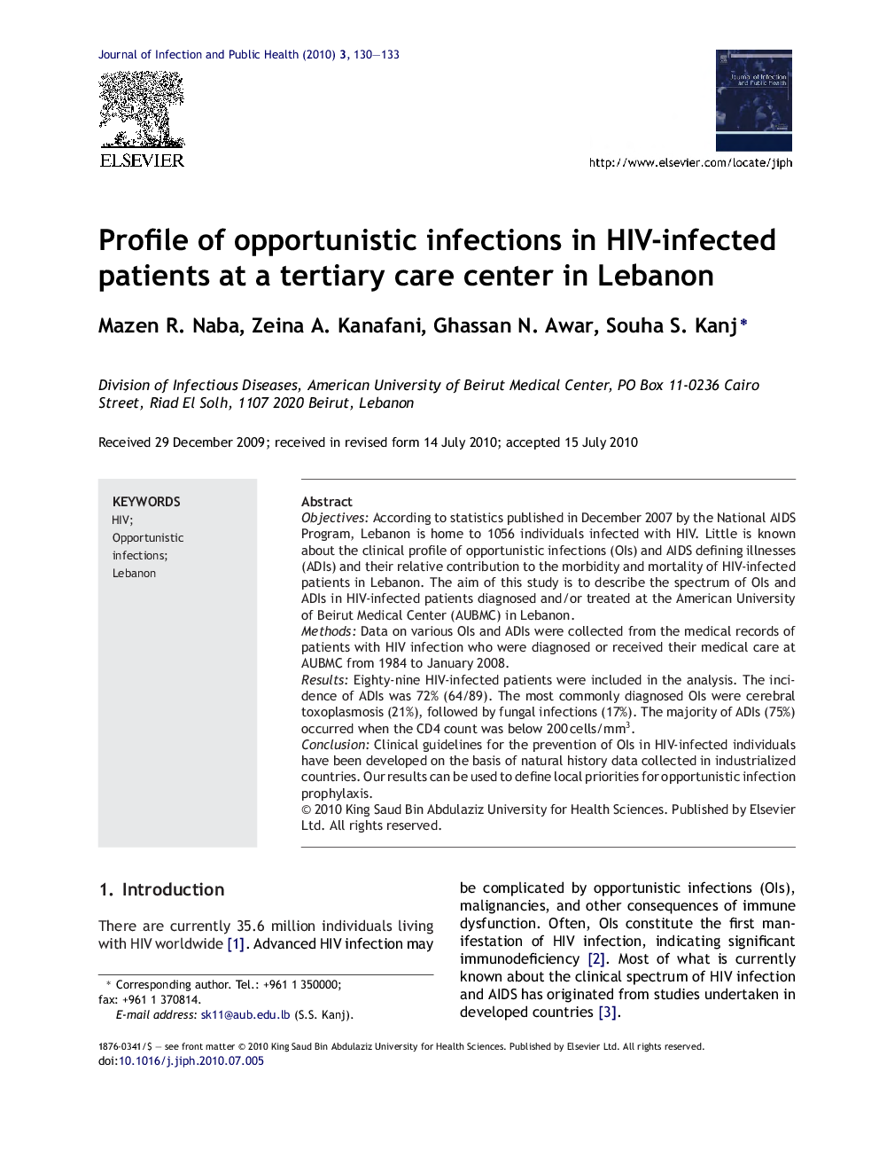 Profile of opportunistic infections in HIV-infected patients at a tertiary care center in Lebanon