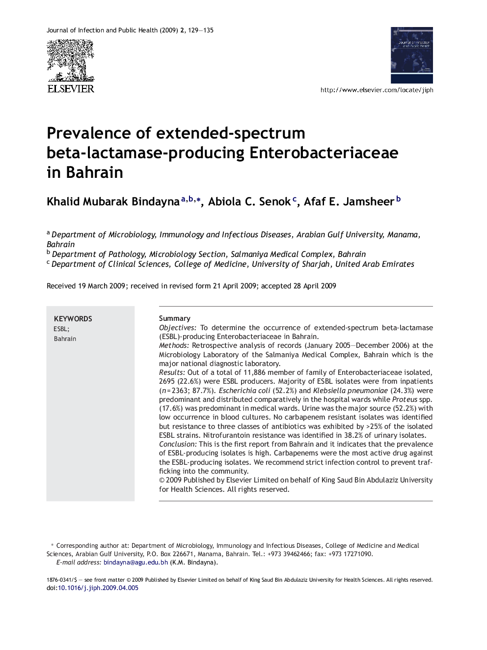 Prevalence of extended-spectrum beta-lactamase-producing Enterobacteriaceae in Bahrain