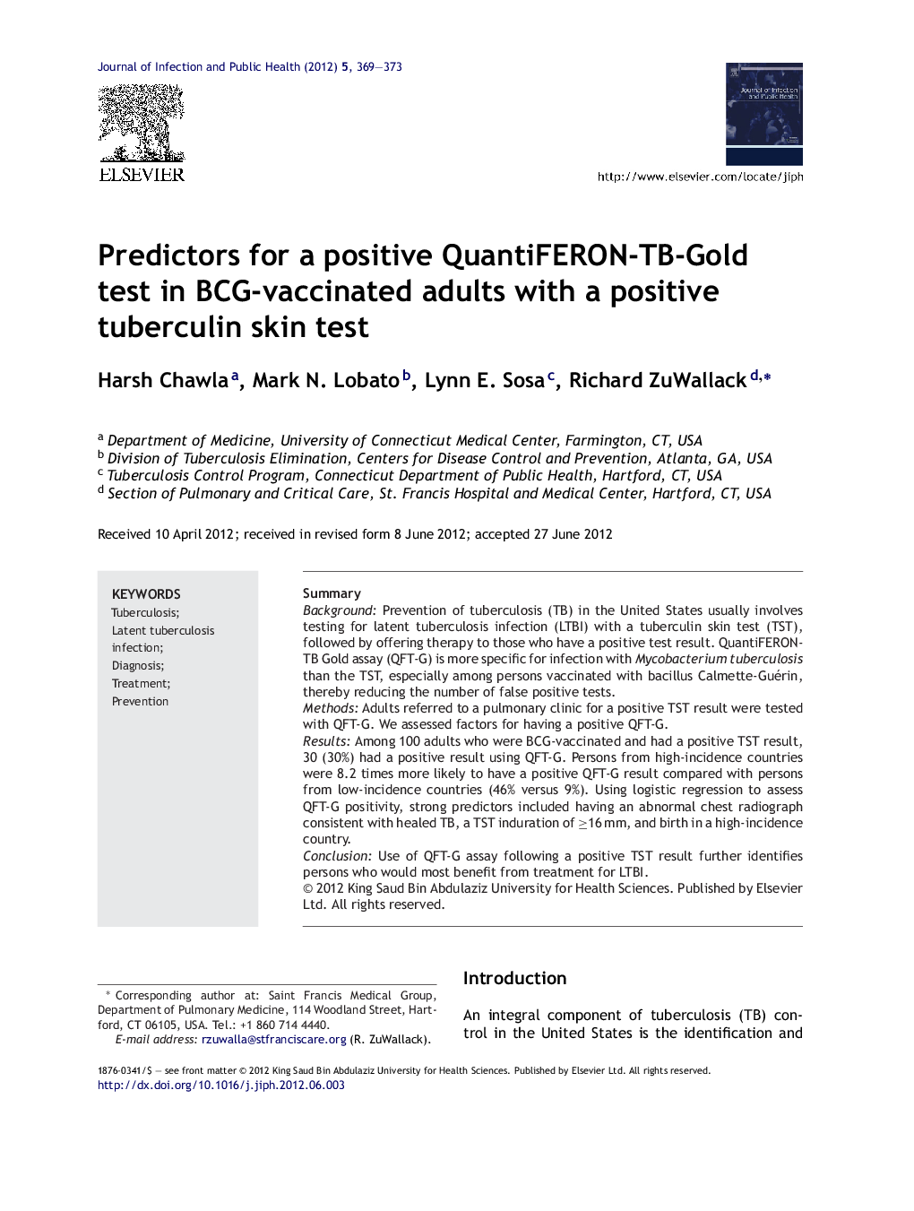 Predictors for a positive QuantiFERON-TB-Gold test in BCG-vaccinated adults with a positive tuberculin skin test