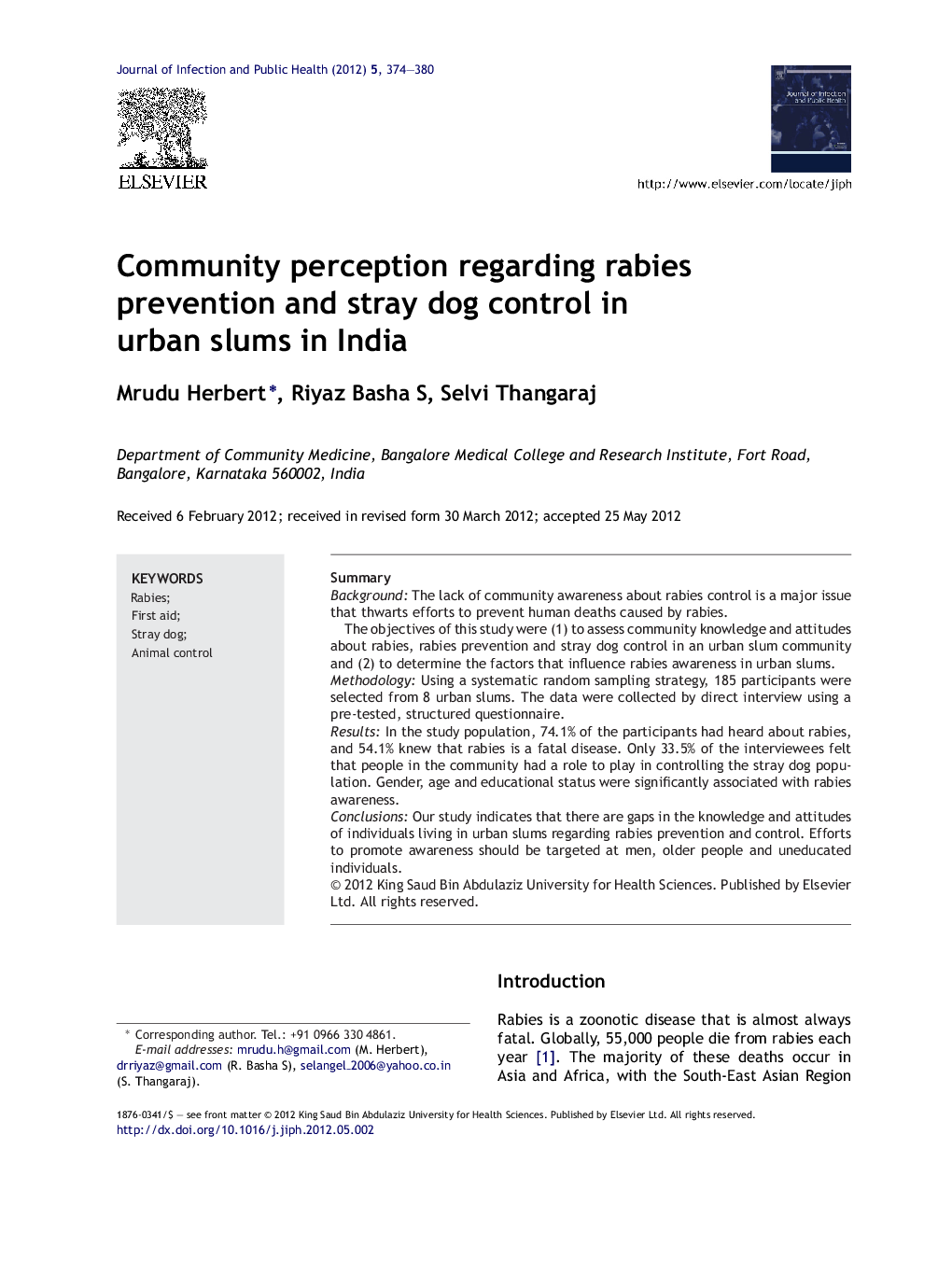 Community perception regarding rabies prevention and stray dog control in urban slums in India