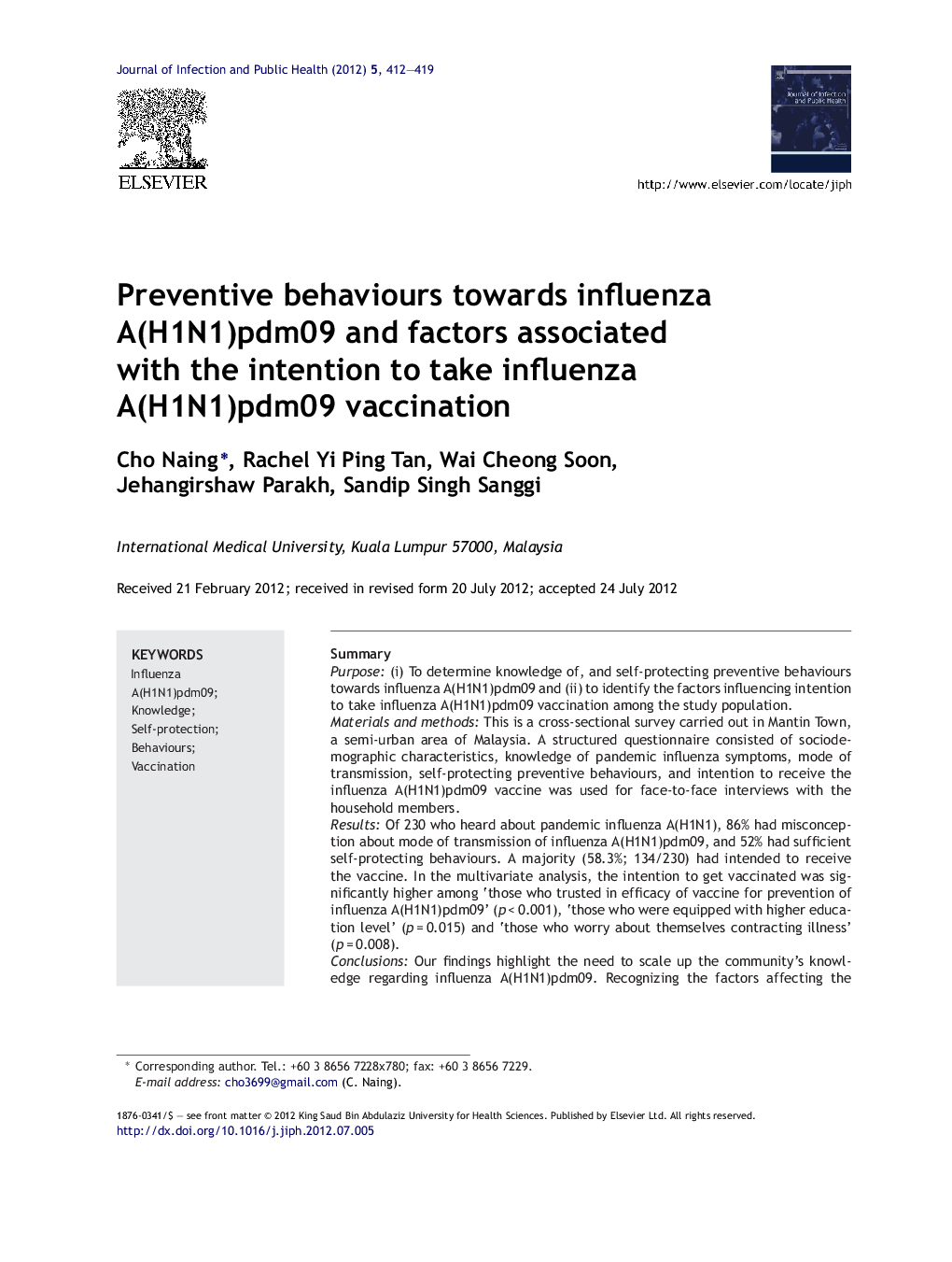 Preventive behaviours towards influenza A(H1N1)pdm09 and factors associated with the intention to take influenza A(H1N1)pdm09 vaccination