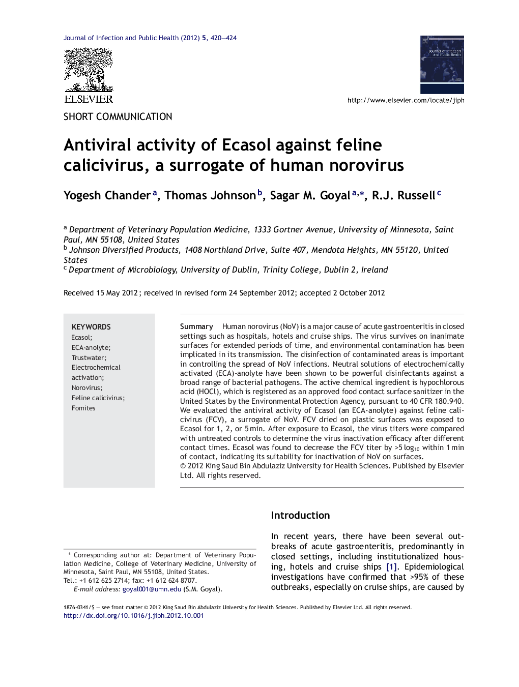 Antiviral activity of Ecasol against feline calicivirus, a surrogate of human norovirus