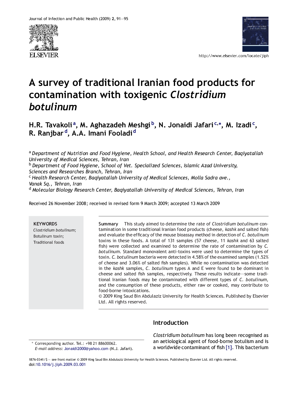 A survey of traditional Iranian food products for contamination with toxigenic Clostridium botulinum