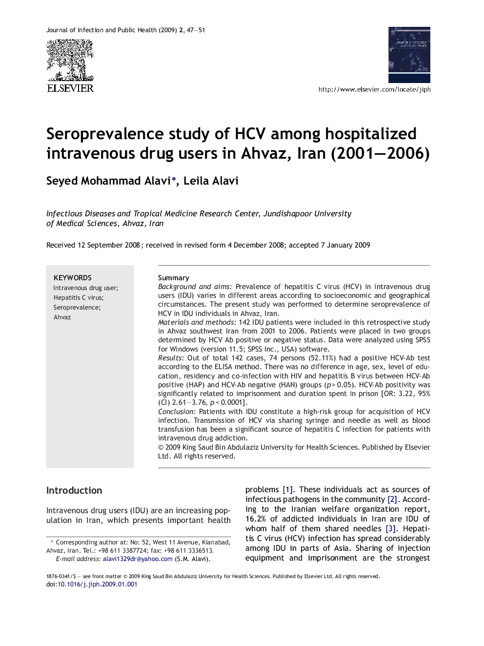 Seroprevalence study of HCV among hospitalized intravenous drug users in Ahvaz, Iran (2001–2006)