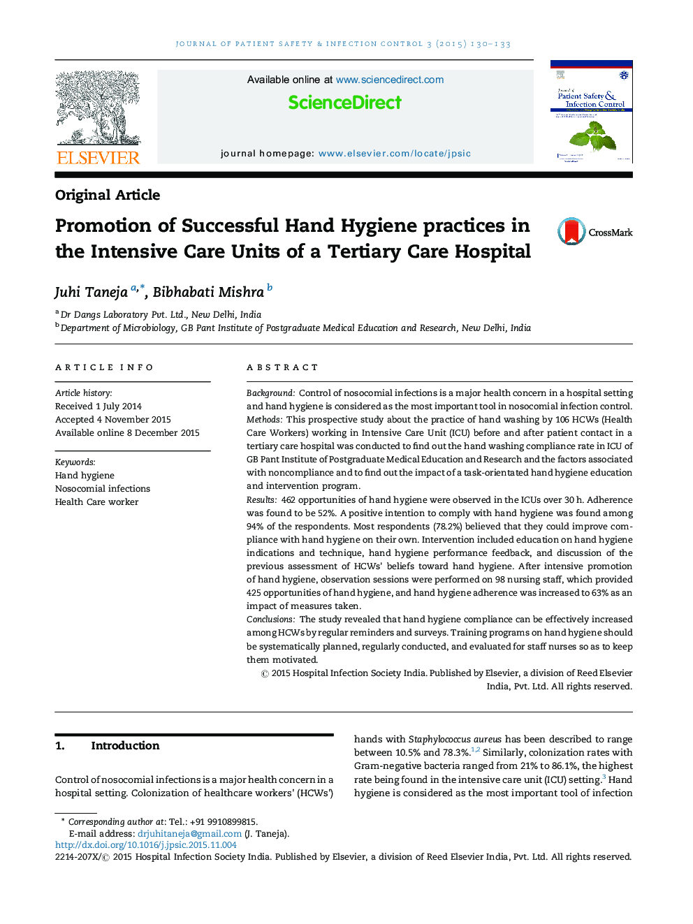 Promotion of Successful Hand Hygiene practices in the Intensive Care Units of a Tertiary Care Hospital