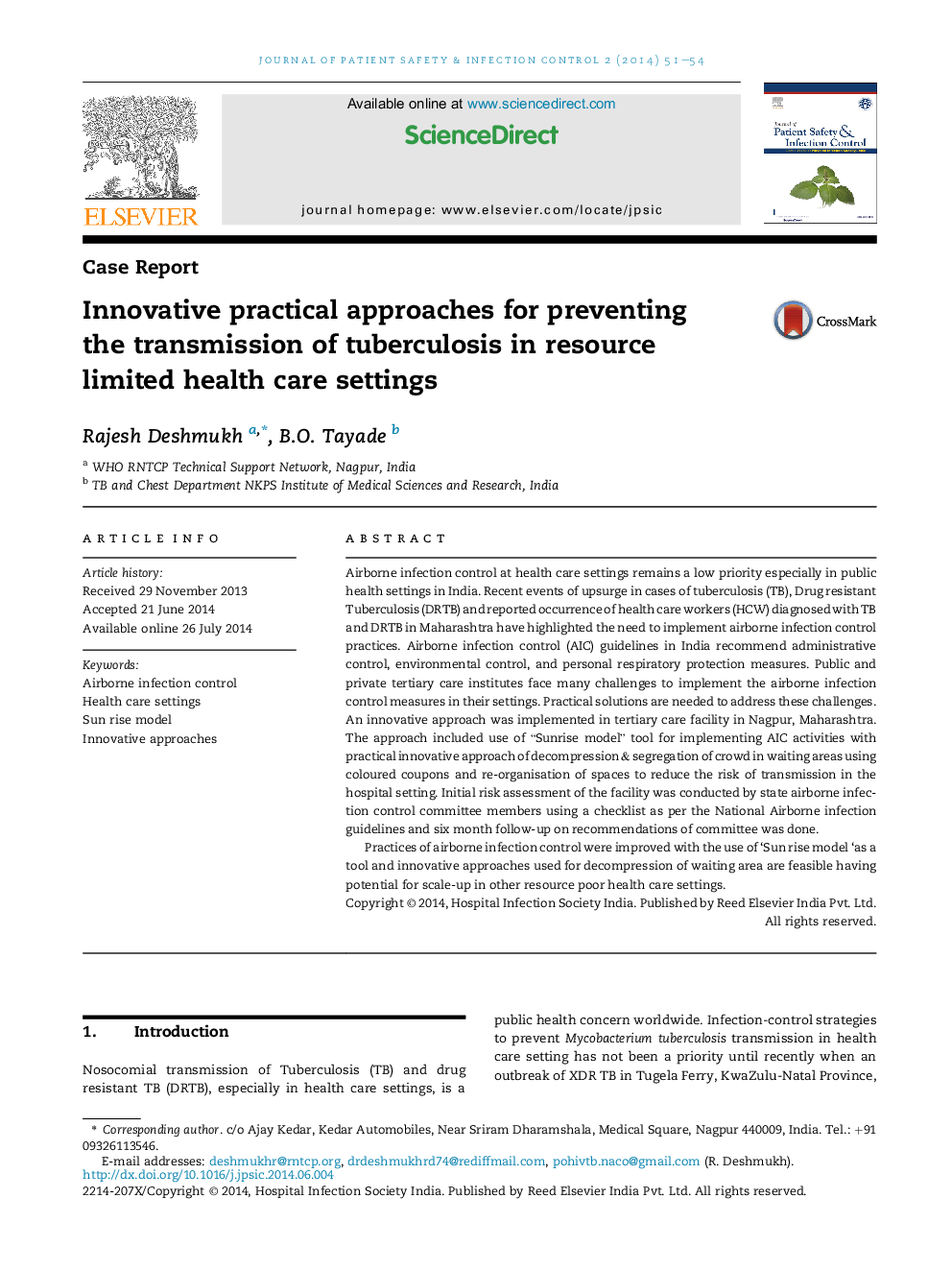 Innovative practical approaches for preventing the transmission of tuberculosis in resource limited health care settings