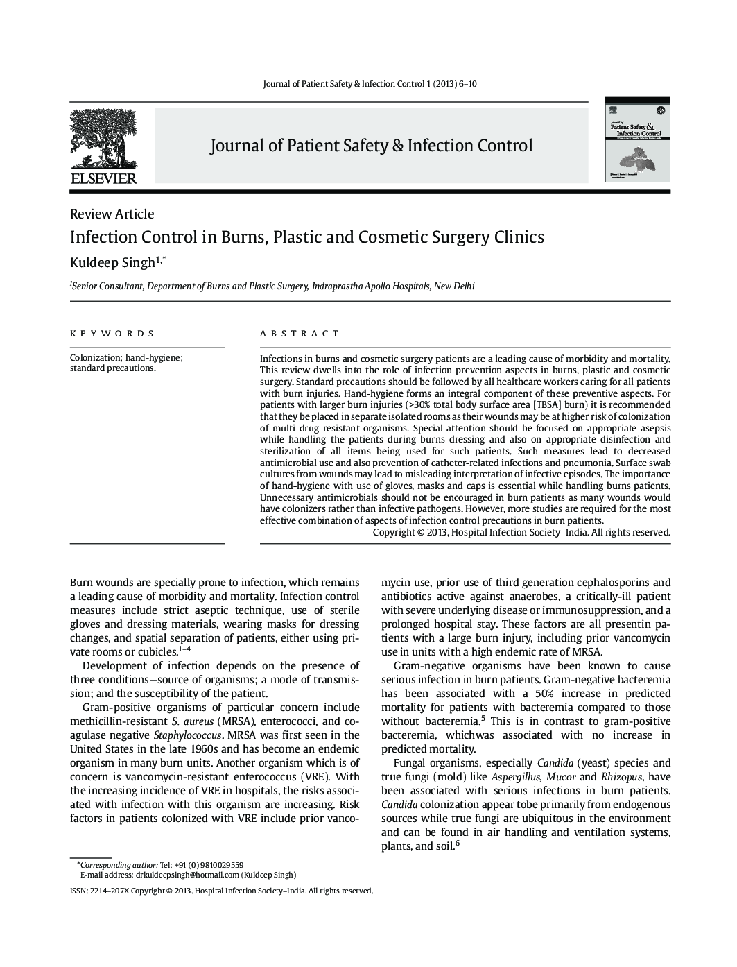 Infection Control in Burns, Plastic and Cosmetic Surgery Clinics