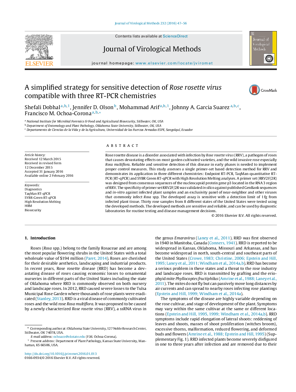 A simplified strategy for sensitive detection of Rose rosette virus compatible with three RT-PCR chemistries