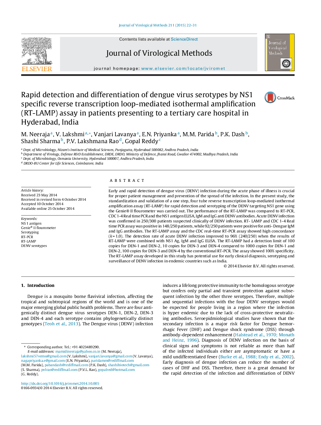 Rapid detection and differentiation of dengue virus serotypes by NS1 specific reverse transcription loop-mediated isothermal amplification (RT-LAMP) assay in patients presenting to a tertiary care hospital in Hyderabad, India