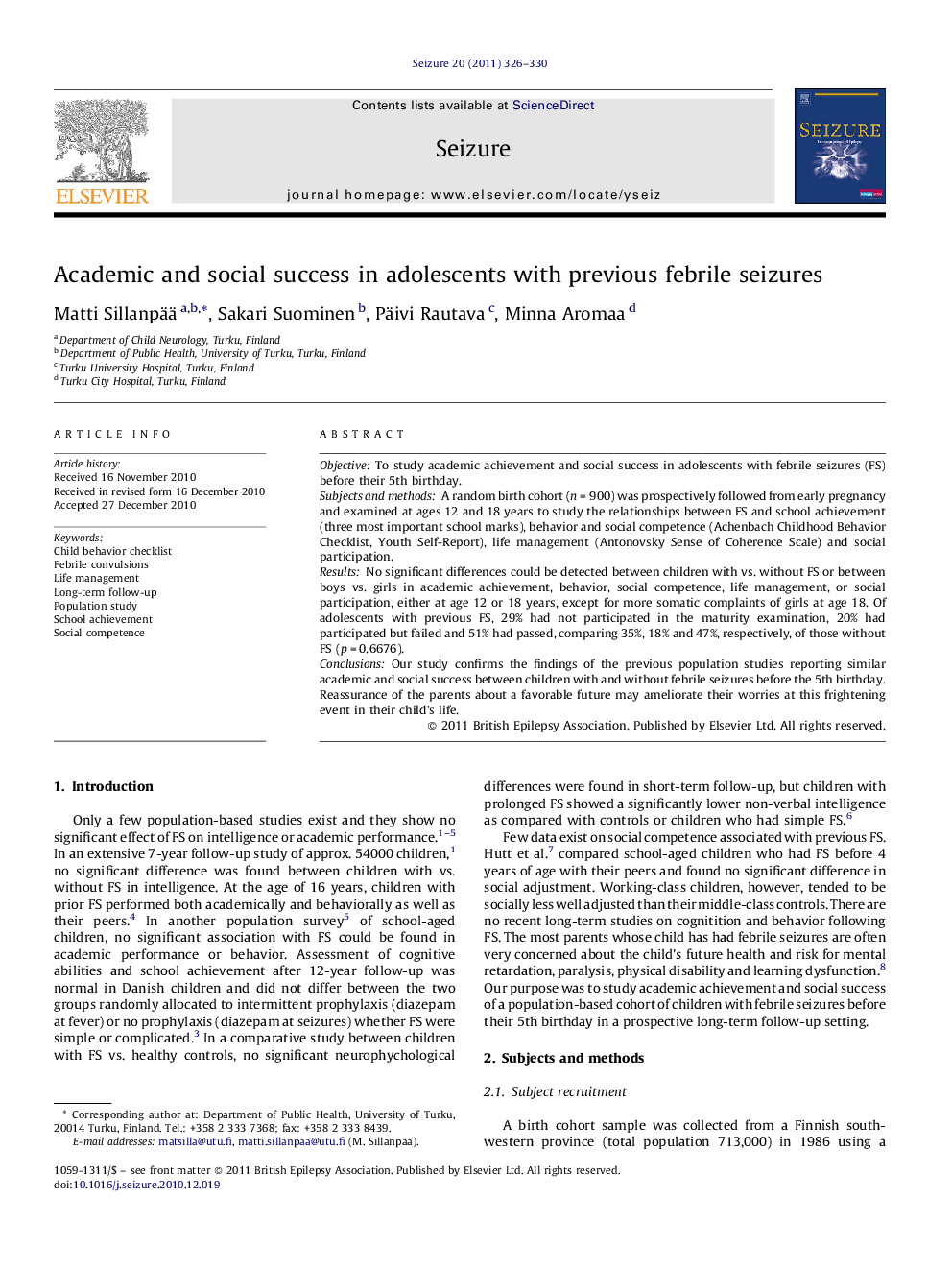 Academic and social success in adolescents with previous febrile seizures