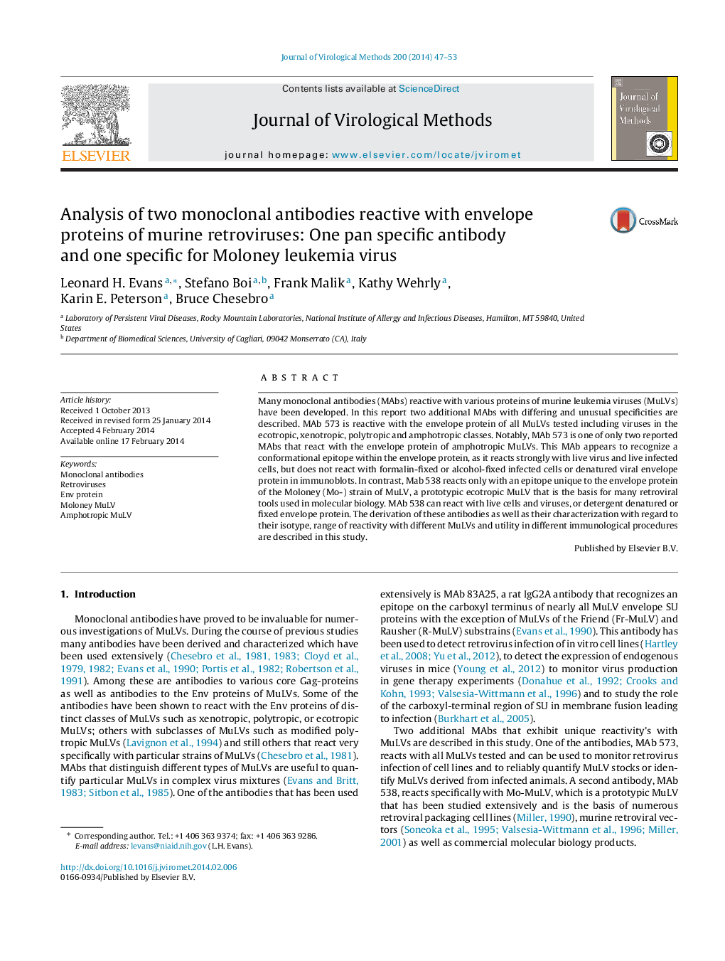 Analysis of two monoclonal antibodies reactive with envelope proteins of murine retroviruses: One pan specific antibody and one specific for Moloney leukemia virus