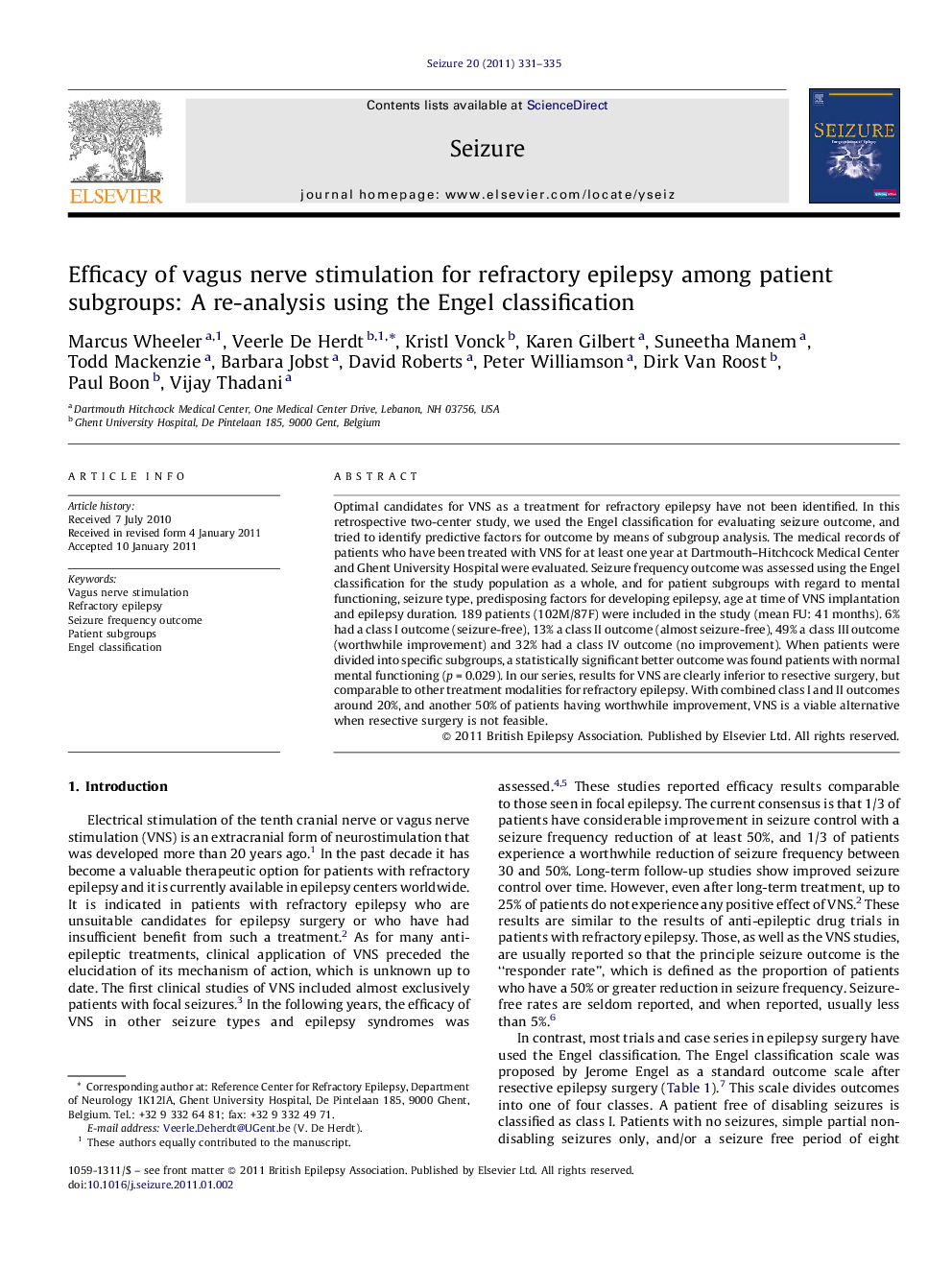 Efficacy of vagus nerve stimulation for refractory epilepsy among patient subgroups: A re-analysis using the Engel classification