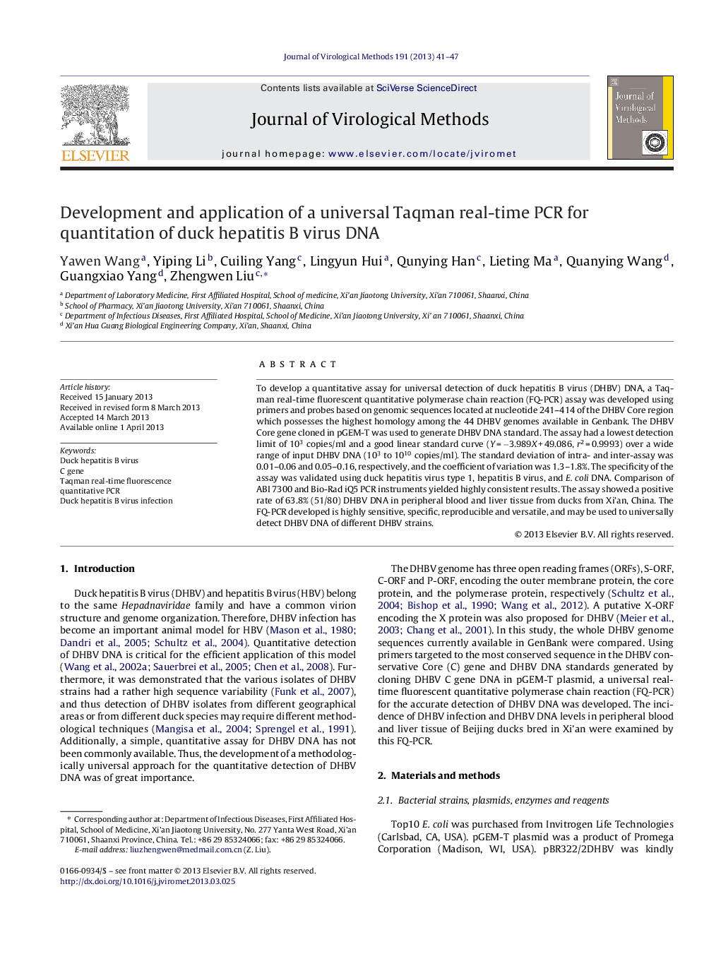 Development and application of a universal Taqman real-time PCR for quantitation of duck hepatitis B virus DNA