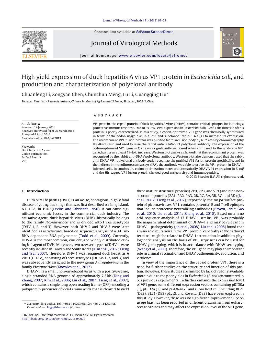 High yield expression of duck hepatitis A virus VP1 protein in Escherichia coli, and production and characterization of polyclonal antibody