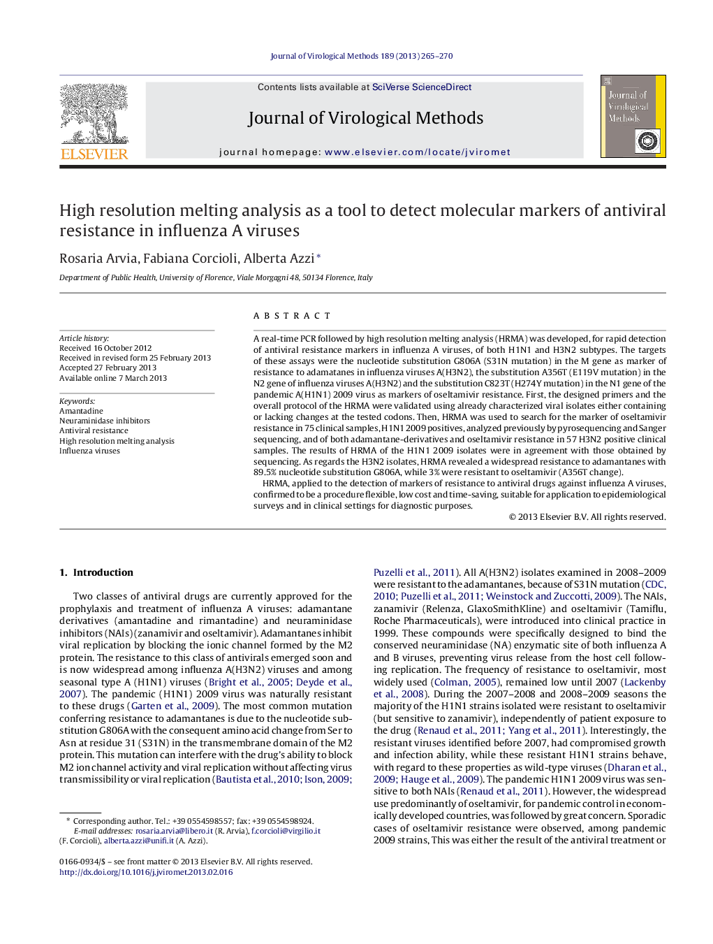 High resolution melting analysis as a tool to detect molecular markers of antiviral resistance in influenza A viruses