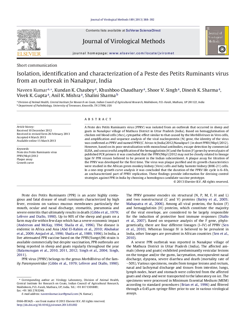 Isolation, identification and characterization of a Peste des Petits Ruminants virus from an outbreak in Nanakpur, India