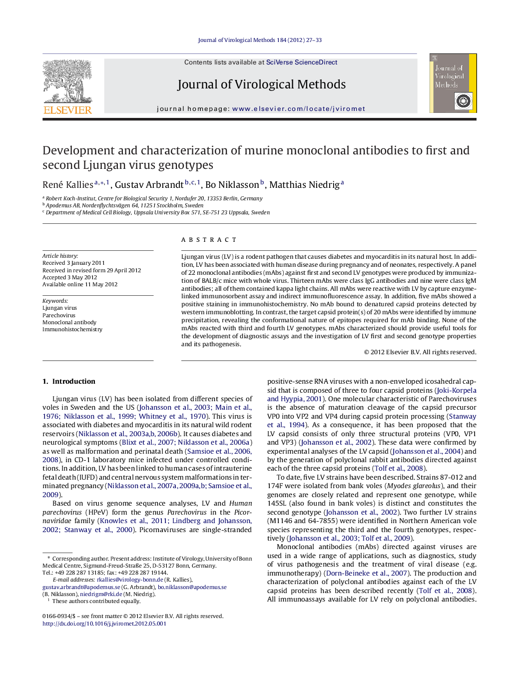 عکس صفحه اول مقاله: Development and characterization of murine monoclonal antibodies to first and second Ljungan virus genotypes Development and characterization of murine monoclonal antibodies to first and second Ljungan virus genotypes