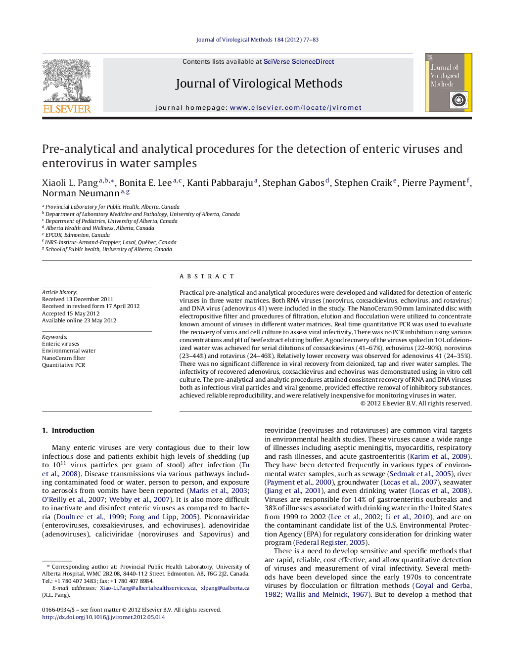 Pre-analytical and analytical procedures for the detection of enteric viruses and enterovirus in water samples