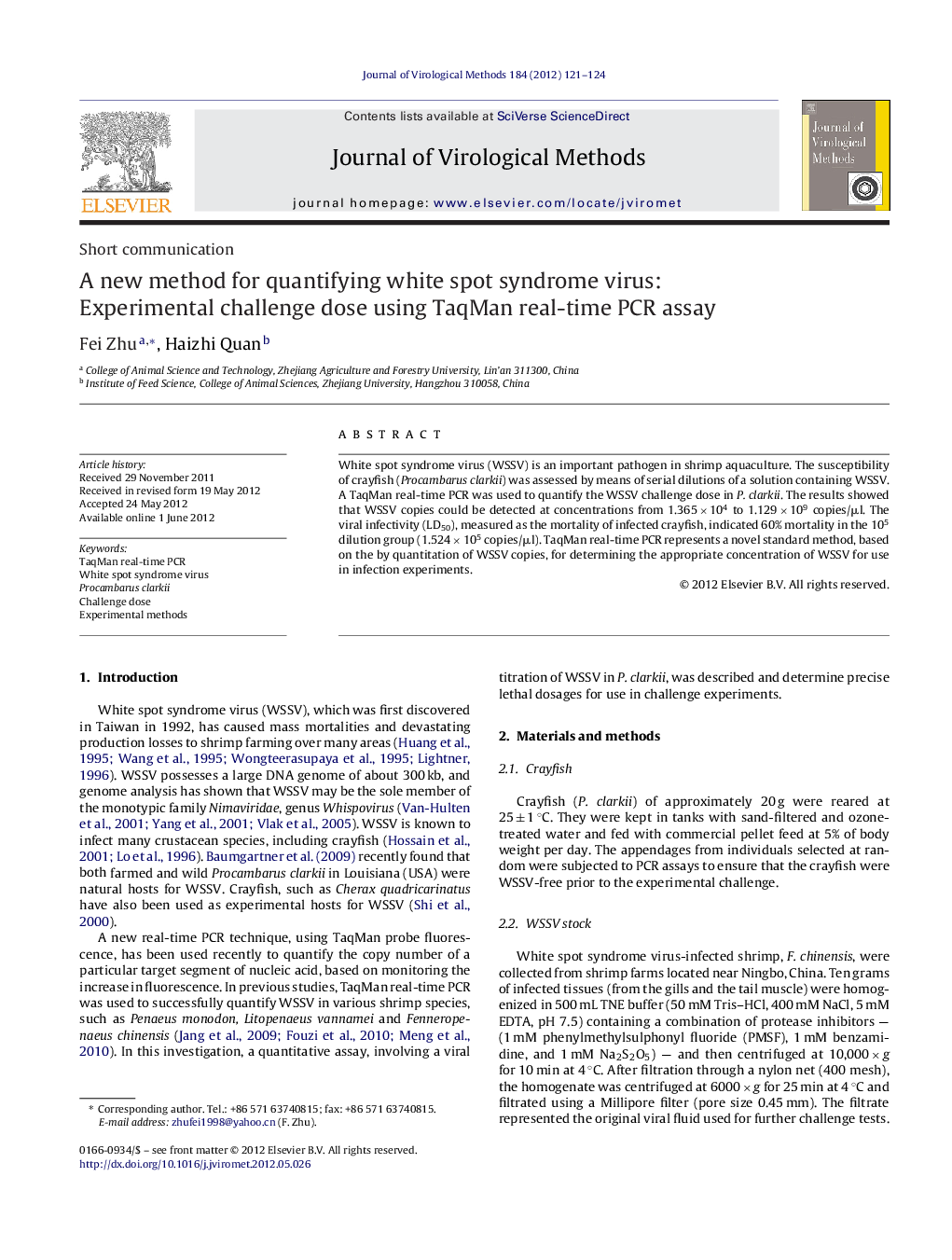 A new method for quantifying white spot syndrome virus: Experimental challenge dose using TaqMan real-time PCR assay