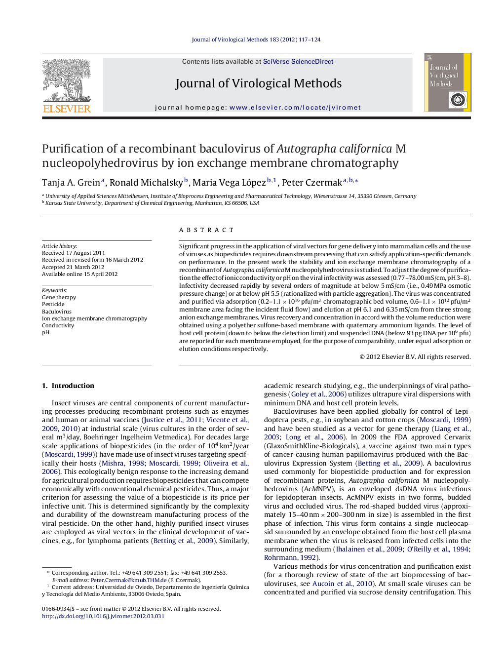 Purification of a recombinant baculovirus of Autographa californica M nucleopolyhedrovirus by ion exchange membrane chromatography