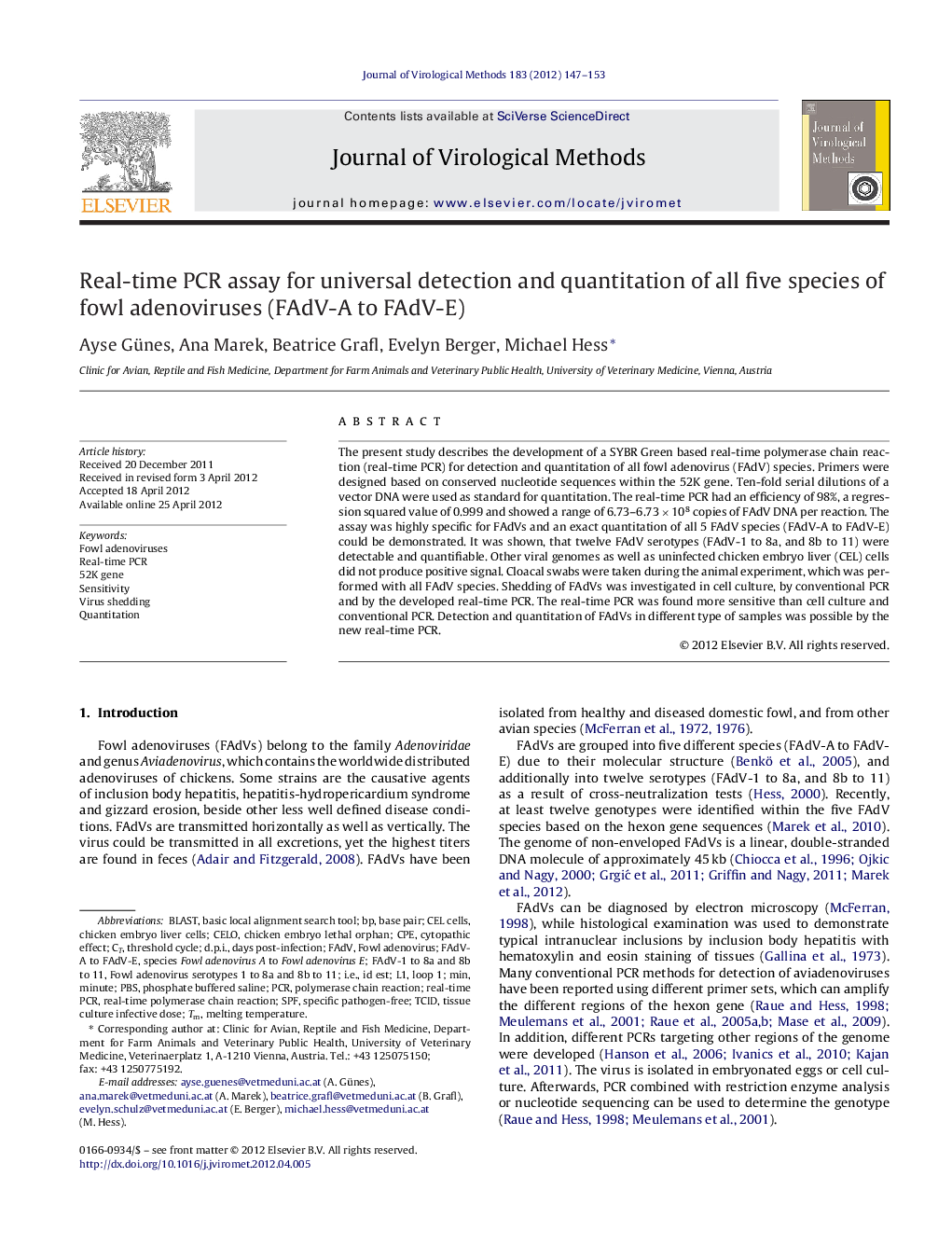 Real-time PCR assay for universal detection and quantitation of all five species of fowl adenoviruses (FAdV-A to FAdV-E)