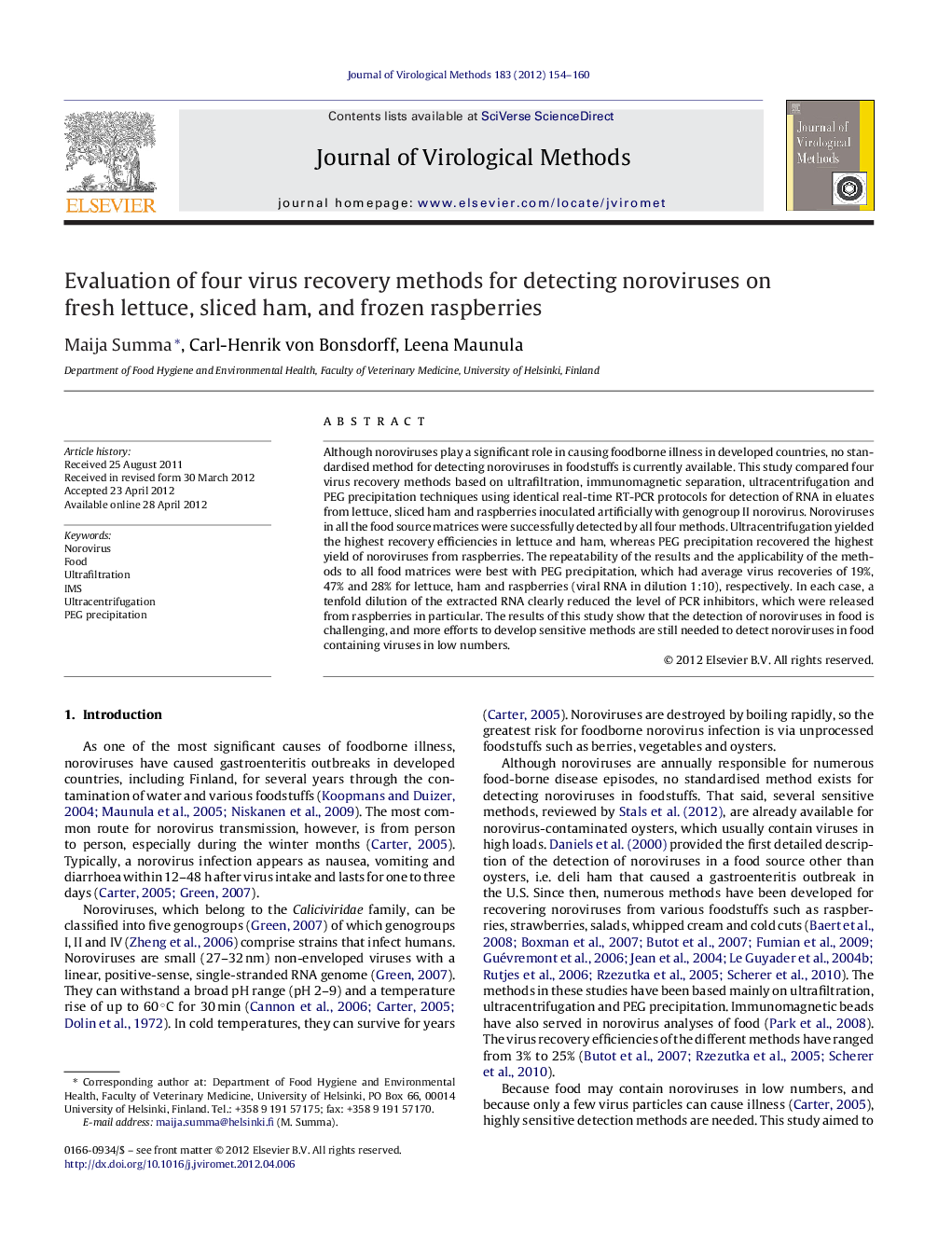 Evaluation of four virus recovery methods for detecting noroviruses on fresh lettuce, sliced ham, and frozen raspberries