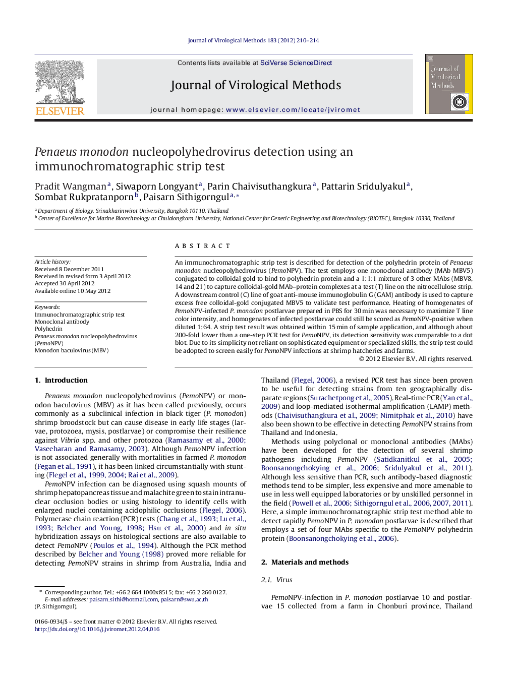 Penaeus monodon nucleopolyhedrovirus detection using an immunochromatographic strip test