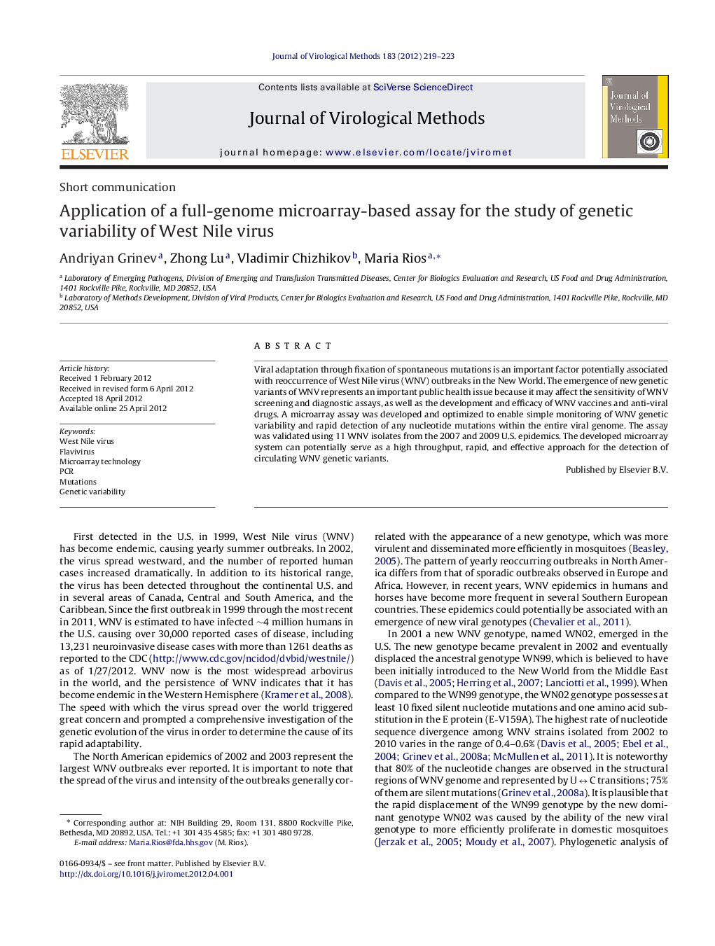 Application of a full-genome microarray-based assay for the study of genetic variability of West Nile virus