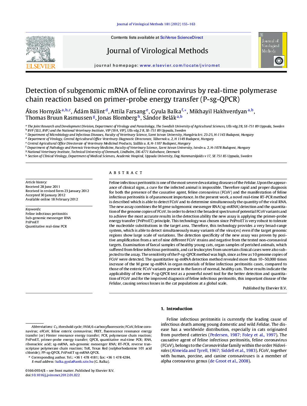 Detection of subgenomic mRNA of feline coronavirus by real-time polymerase chain reaction based on primer-probe energy transfer (P-sg-QPCR)