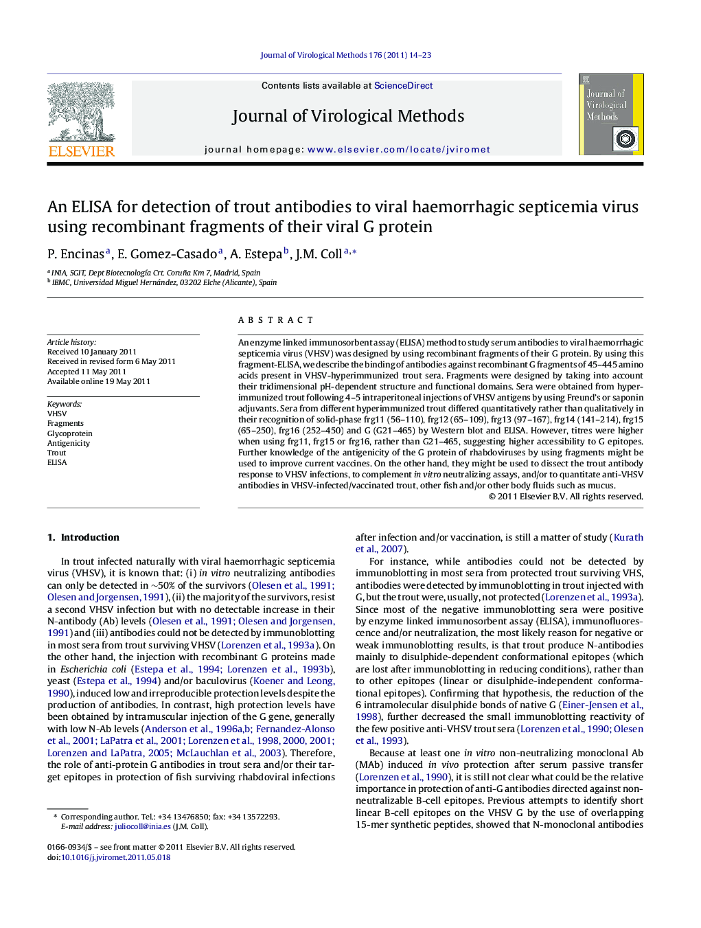 An ELISA for detection of trout antibodies to viral haemorrhagic septicemia virus using recombinant fragments of their viral G protein