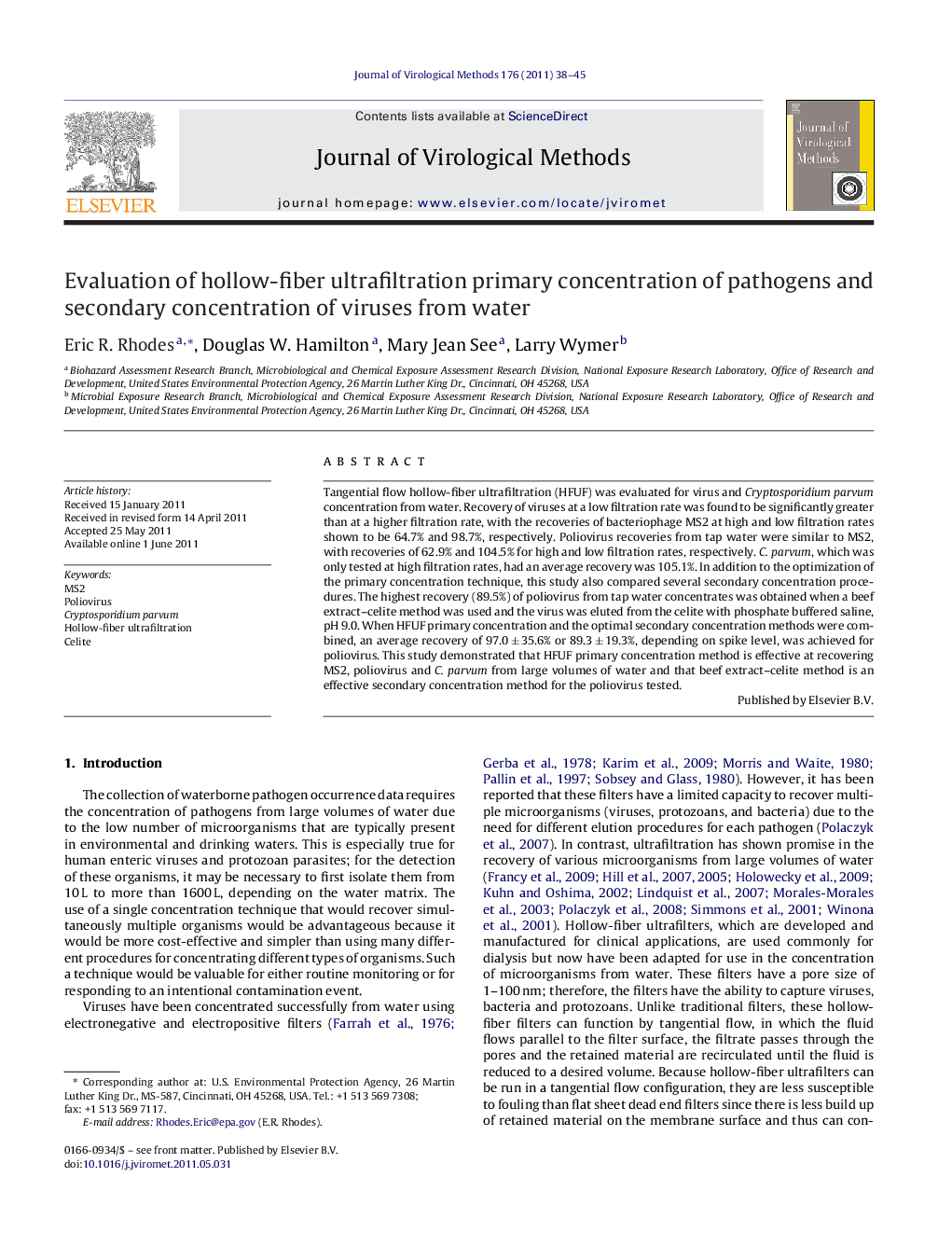 Evaluation of hollow-fiber ultrafiltration primary concentration of pathogens and secondary concentration of viruses from water