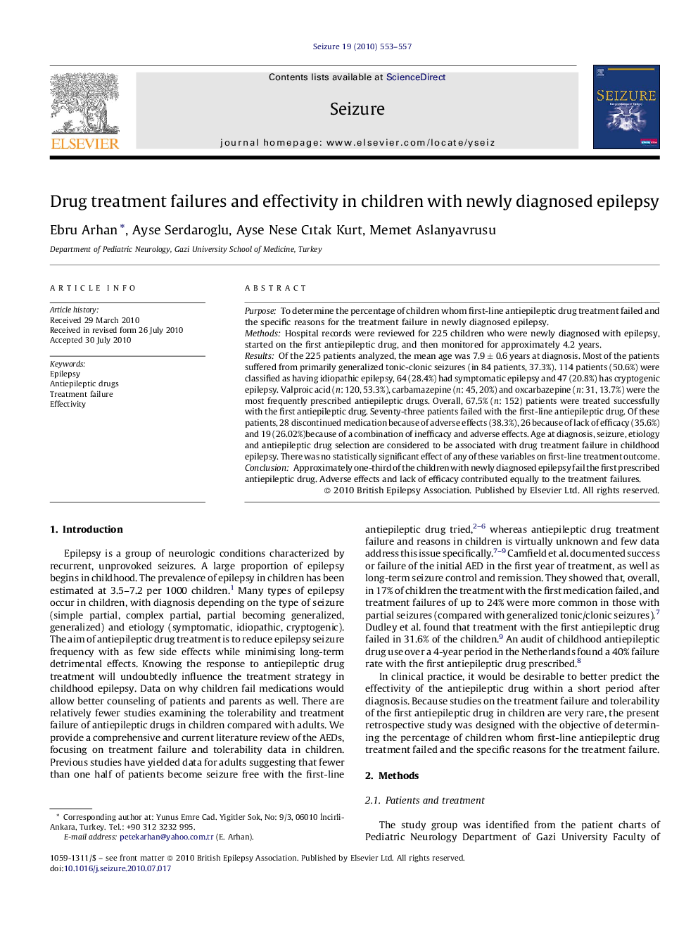 Drug treatment failures and effectivity in children with newly diagnosed epilepsy