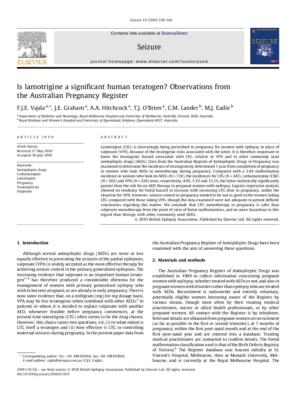 Is lamotrigine a significant human teratogen? Observations from the Australian Pregnancy Register