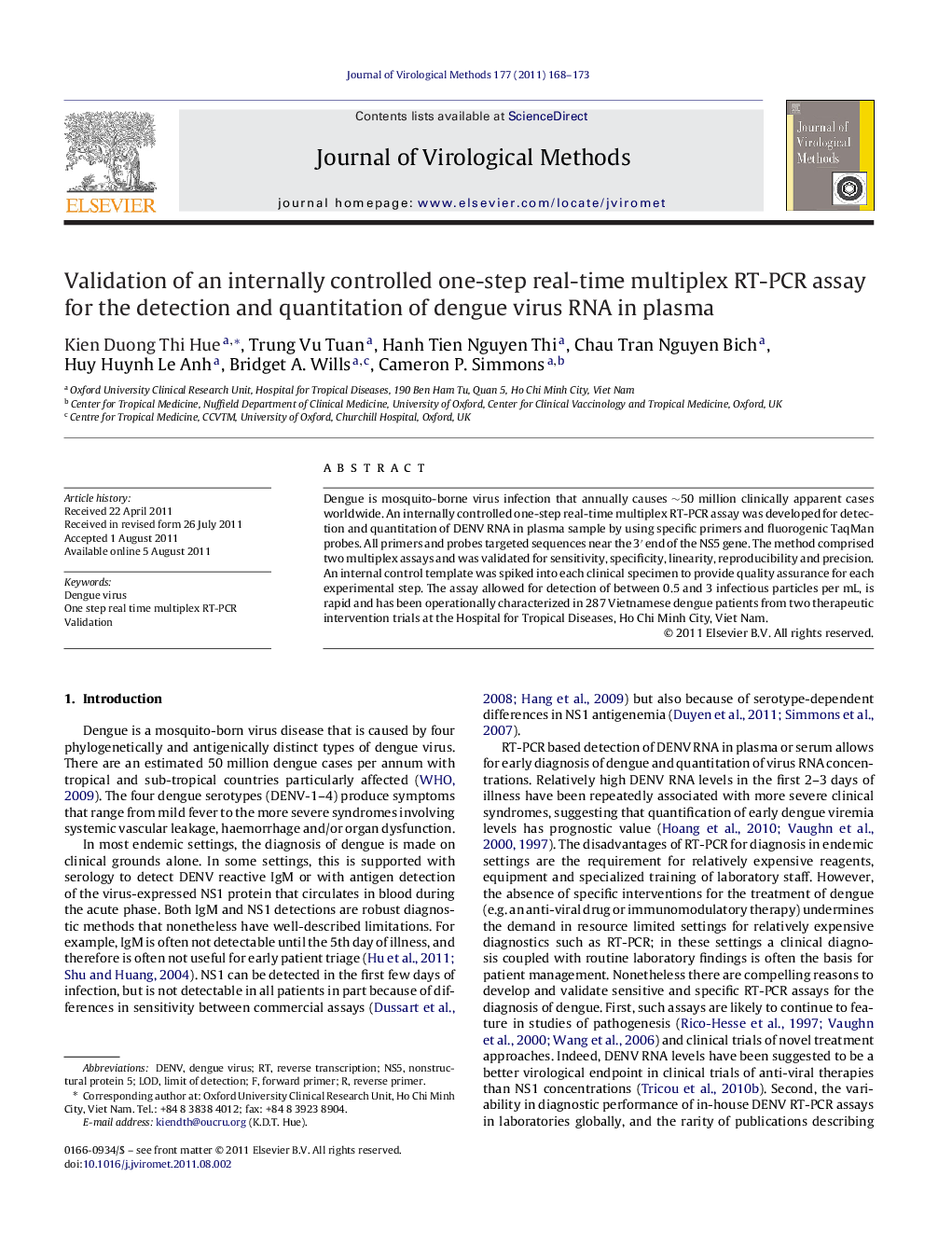 Validation of an internally controlled one-step real-time multiplex RT-PCR assay for the detection and quantitation of dengue virus RNA in plasma