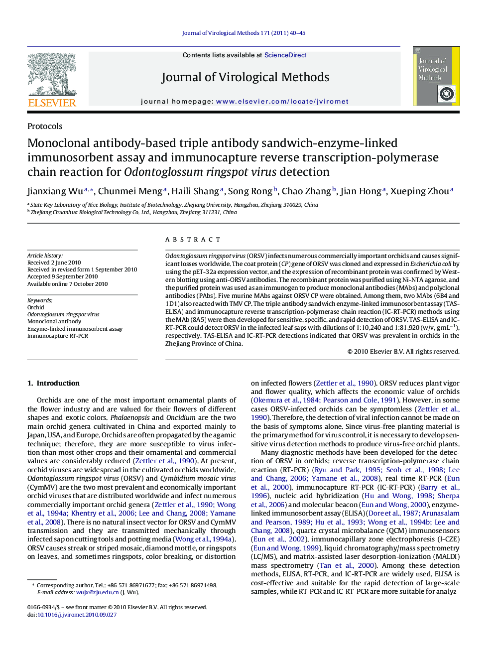 Monoclonal antibody-based triple antibody sandwich-enzyme-linked immunosorbent assay and immunocapture reverse transcription-polymerase chain reaction for Odontoglossum ringspot virus detection