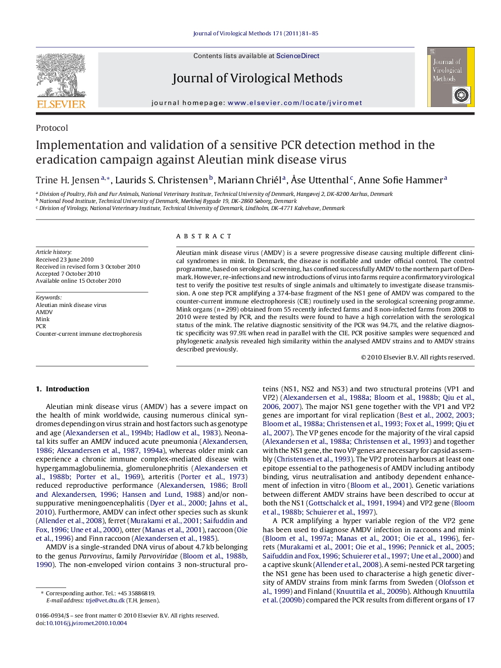 Implementation and validation of a sensitive PCR detection method in the eradication campaign against Aleutian mink disease virus