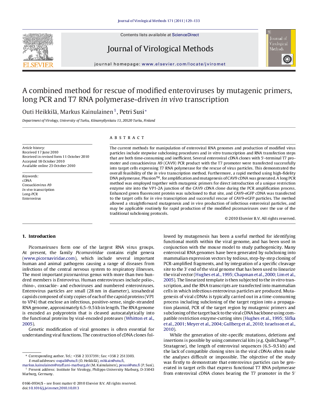 A combined method for rescue of modified enteroviruses by mutagenic primers, long PCR and T7 RNA polymerase-driven in vivo transcription