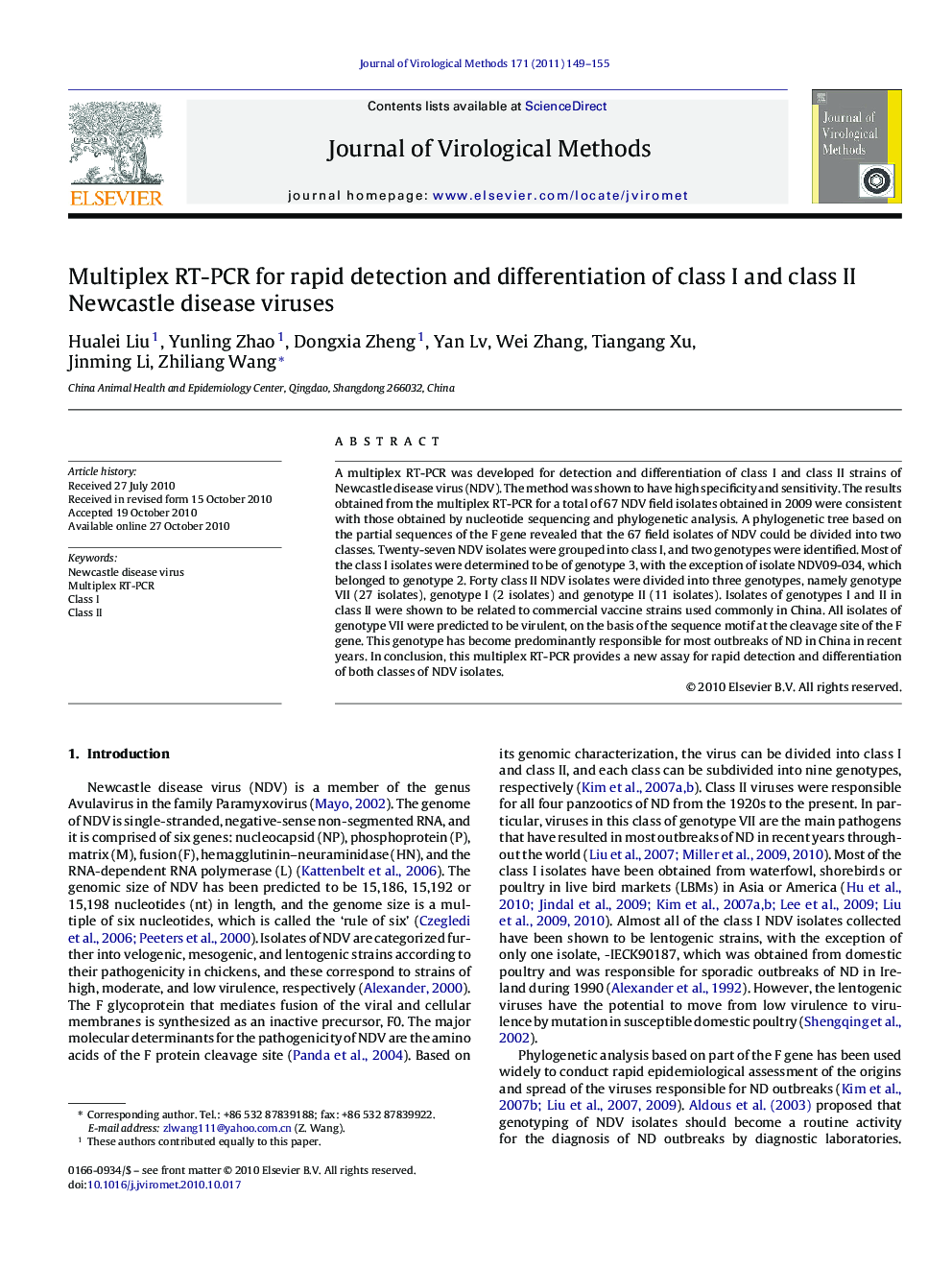 Multiplex RT-PCR for rapid detection and differentiation of class I and class II Newcastle disease viruses