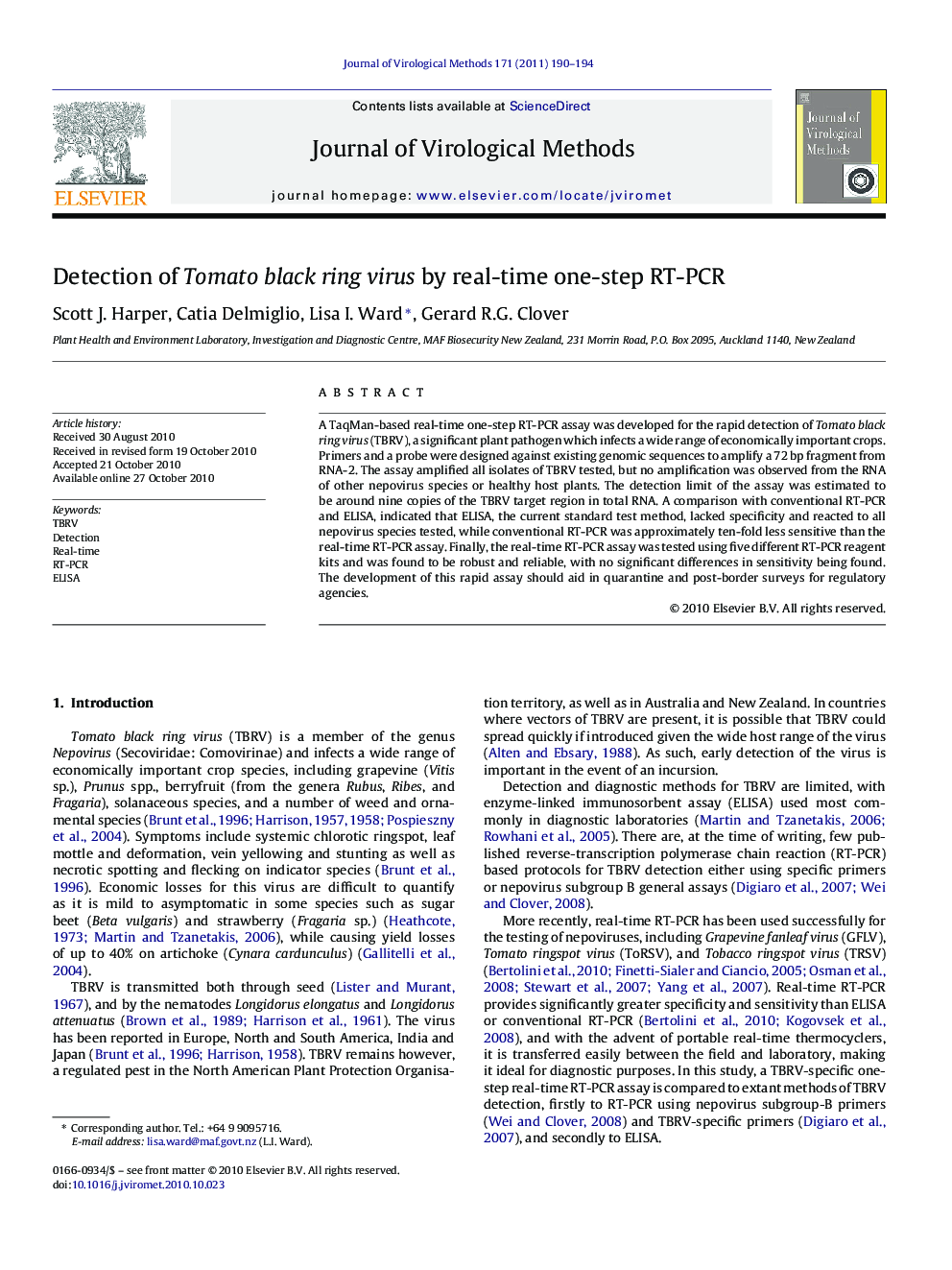 Detection of Tomato black ring virus by real-time one-step RT-PCR