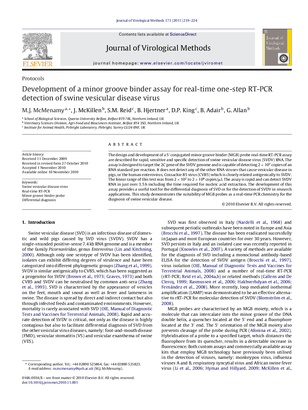 Development of a minor groove binder assay for real-time one-step RT-PCR detection of swine vesicular disease virus